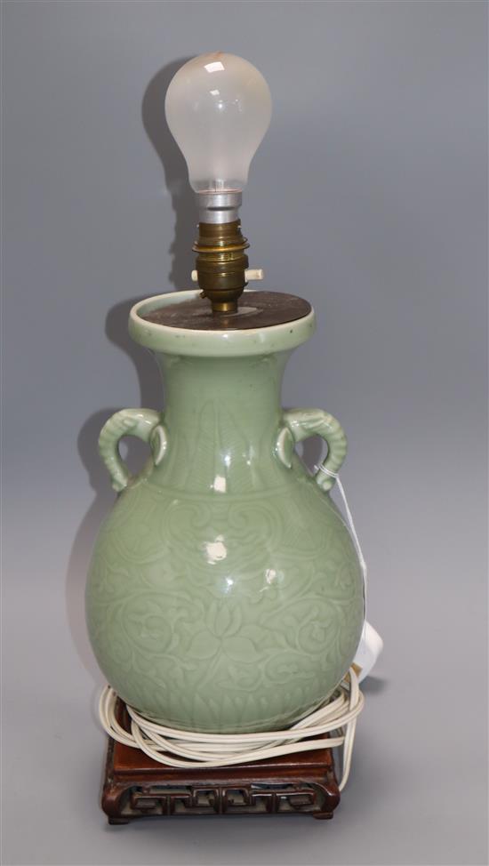 A Chinese celadon glazed vase, mounted as a lamp